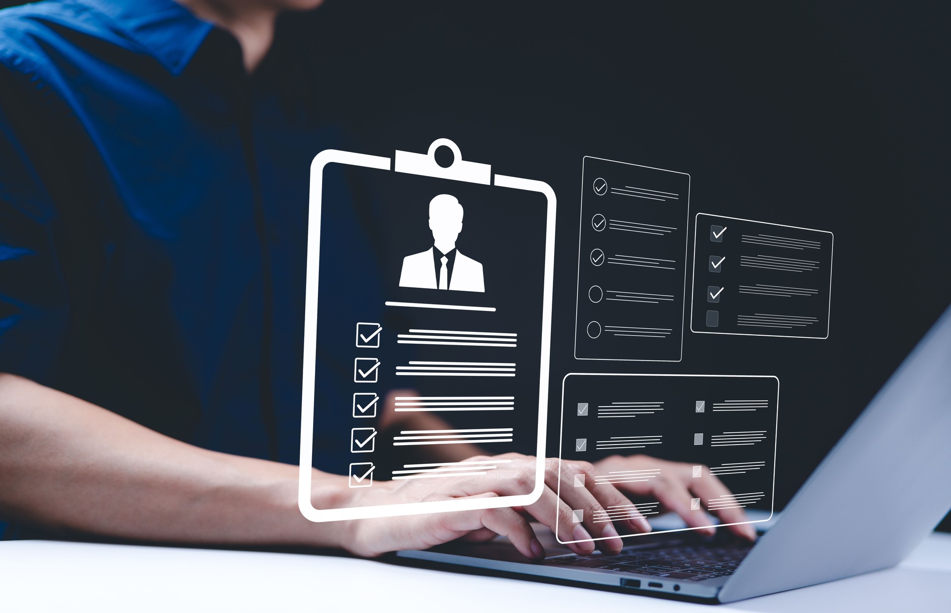 HR, Human resource management concept. Fill out an online employee assessment form, Online employee assessment, Digital HR management, Employee profile and checklist, interview process, Checkbox, HRM,